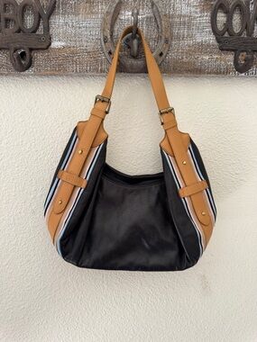 Franco Sarto Black Shoulder Bag with Tan Straps and Multicolor Stripe